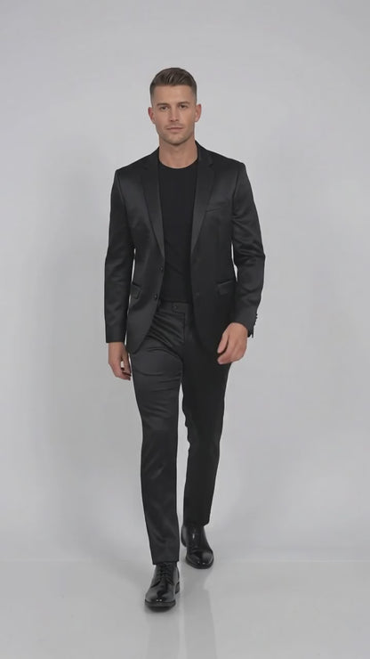 Men’s Black Shiny Sharkskin 2 Piece Suit, Formal Wedding Prom Party Dress Suit