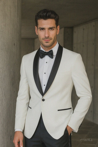 Mens Designer Ivory & Black Traditional Shawl Dinner Jacket