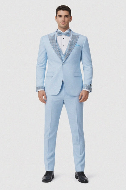 Baby Blue Prom Tuxedo - Perfect Wedding Suit Vested rhinestone sequin Lapelled