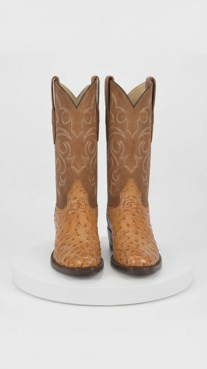 Men's Los Altos Original Full Quill Ostrich Boots Round Toe - Amber 650354
