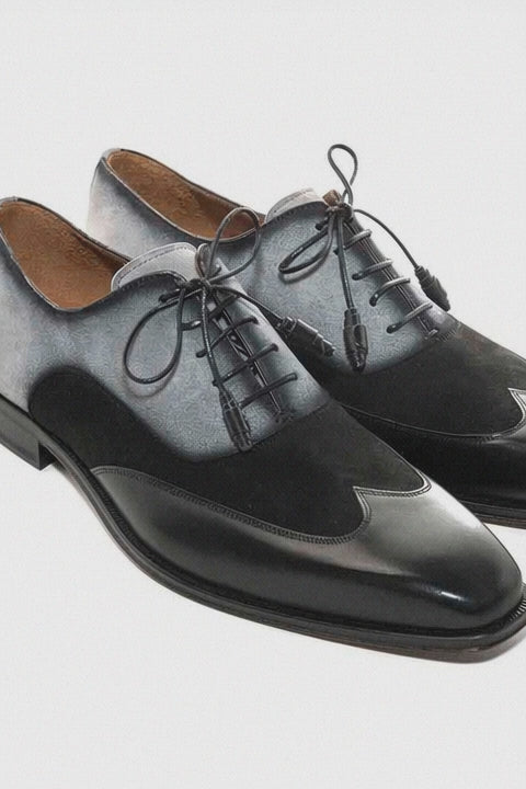 Men Black and Grey Suede Wing Tip Oxford By Mezlan Made In Spain Brand
