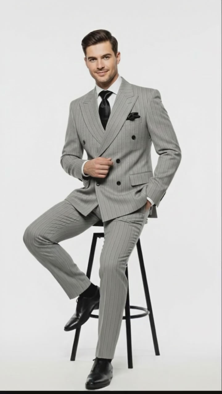Men’s Grey and Black Pinstripe Double-Breasted Suit – 1920s Gangster Vintage Looking suit By Rossiman