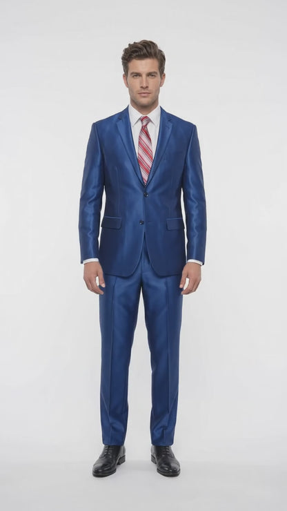 Men’s Royal Blue Shiny Sharkskin Suit, Modern Fit Formal Wedding Prom Dress Suit