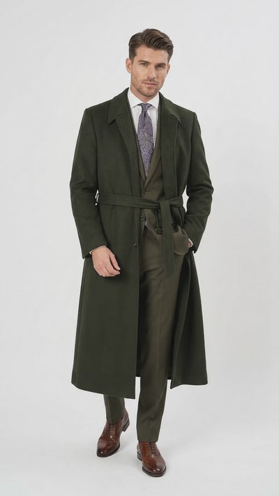 Men’s Blade Runner K Inspired Olive Green Wool Duster Coat – Long Vintage Sci-Fi Overcoat