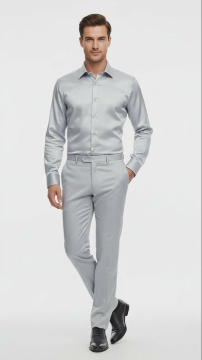 Men’s Silver Satin Dress Shirt and Pants Set – Luxury Slim Fit Outfit for Parties, Weddings, and Formal Events
