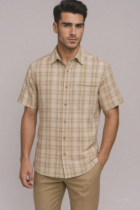 Mens Plaid Walking Suit in Tan by Dreams by Zacchi – 2 Piece Leisure Outfit with Matching Shirt and Pants - $99