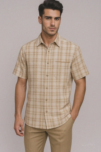Mens Plaid Walking Suit in Tan by Dreams by Zacchi – 2 Piece Leisure Outfit with Matching Shirt and Pants - $99