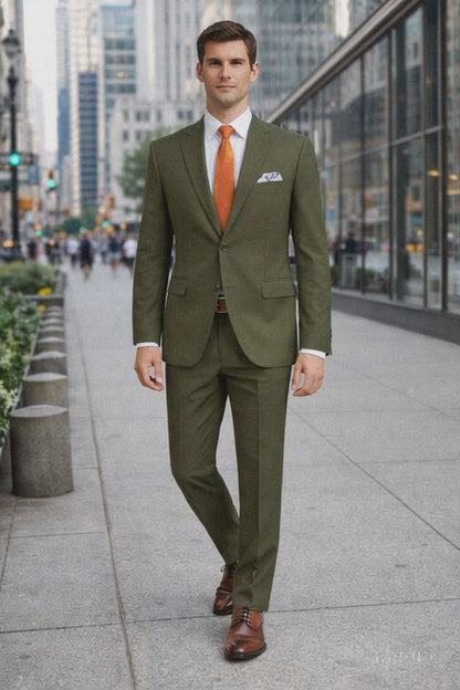 Mens Olive Regular Fit Single Breasted Two-Button Two-Piece Suit