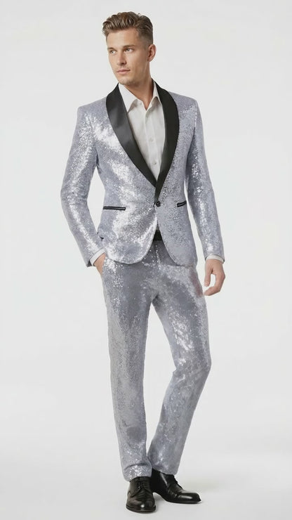 Mens Silver Grey Sequin Tuxedo Suit – Shiny Wedding Suit Set with Black Lapel for Prom, Party, Gala and Formal Evening Wear