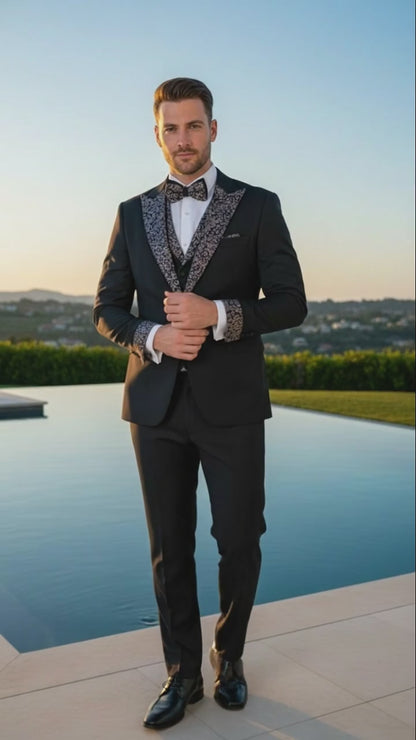 Men's Black and White Silver Embellished Tuxedo Suit + Bowtie 3-Piece Formal Wedding, Prom, and Gala Outfit
