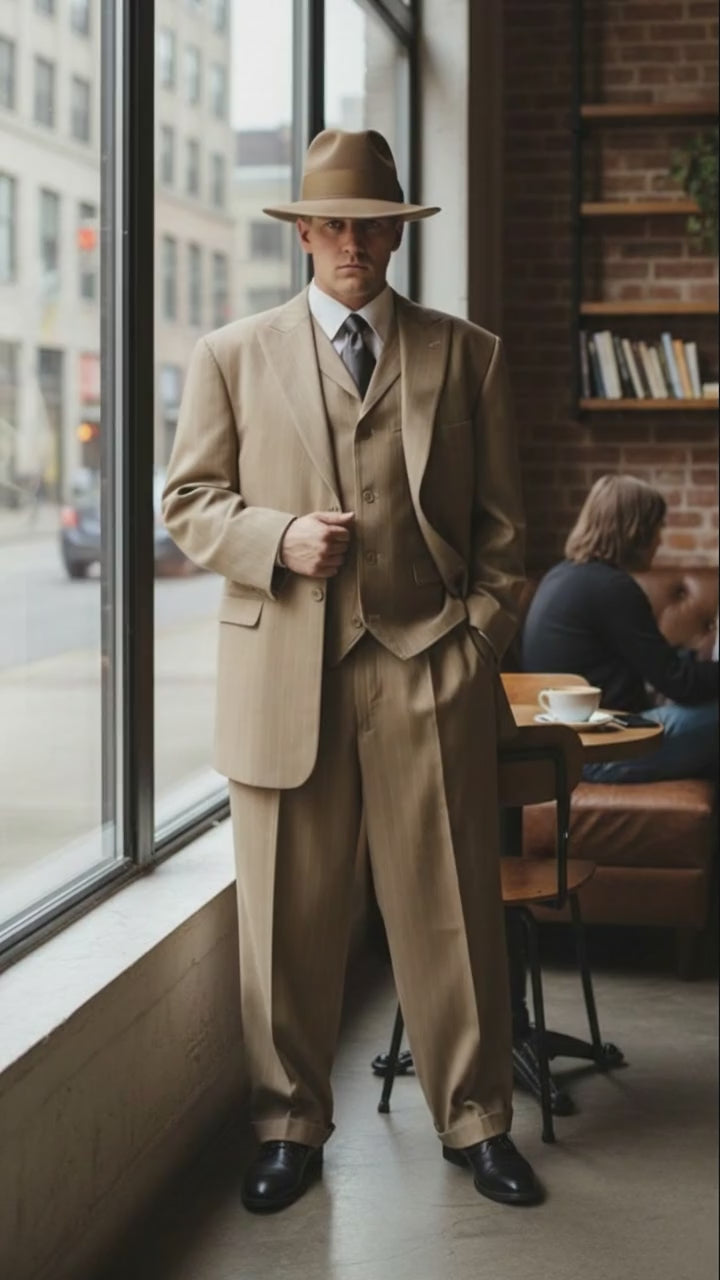 Mens Tan Pinstripe Three Button Suit – 1920s Gangster Vintage 3-Piece Suit with Wide-Leg Pants and Fedora Style in Beige Color