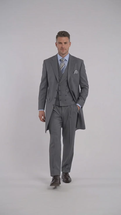 Men’s Grey 4-Button Zoot Suit – Four Buttons 3-Piece Fashion Suit with Double-Breasted Vest and Pleated Pants