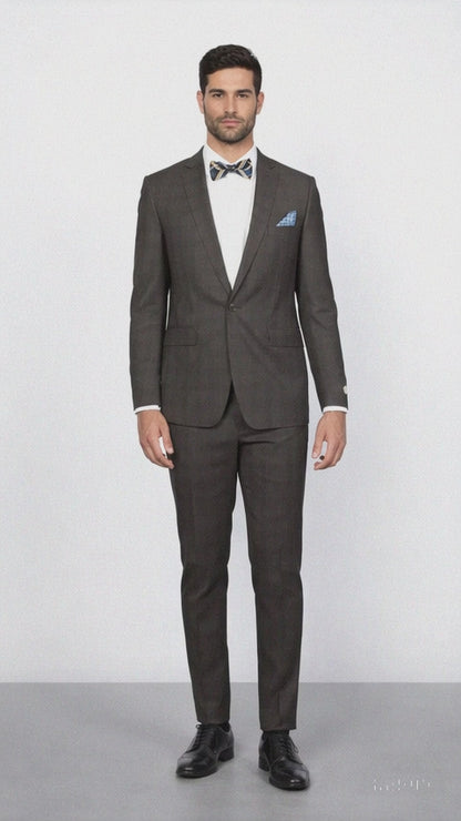 Men's Rossiman Rossi Man Brand Plaid Tapered Leg Lower Rise Pants & Get Skinny Brown 1 Button Slim Fit Peak Lapel Suit