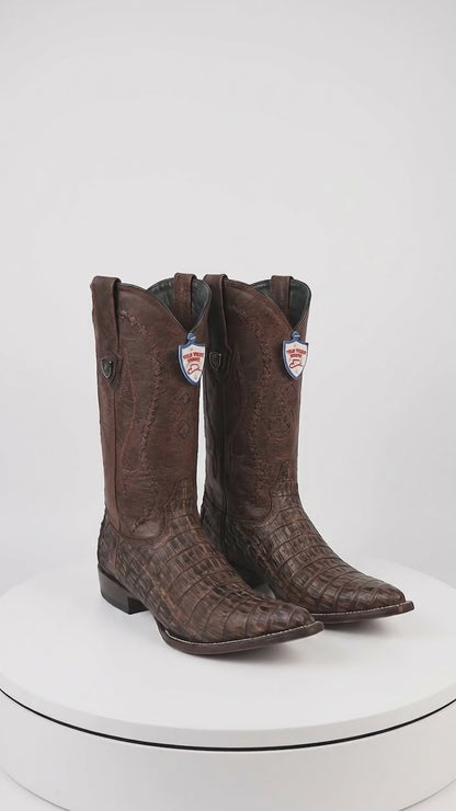 Men’s Wild West Brown Caiman Belly Skin 3X Toe Cowboy Boots, Exotic Western Dress Boots 29582-B