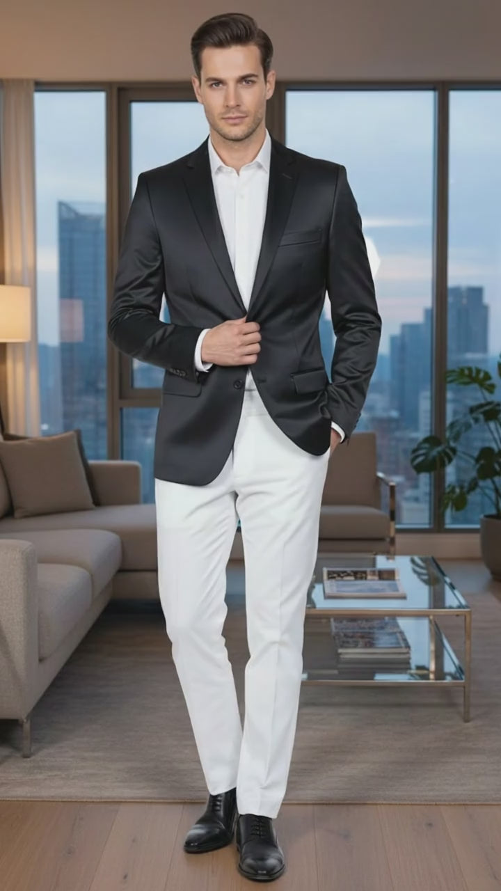 Men’s Black Satin Blazer – Classic Slim Fit Two-Button Formal Suit Jacket for Weddings, Parties, and Business Events
