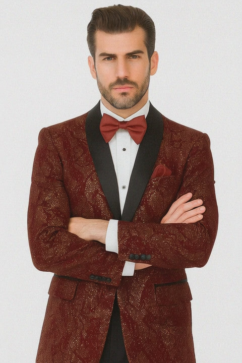 Mens 2 Button Paisley Glitter Tuxedo in Burgundy