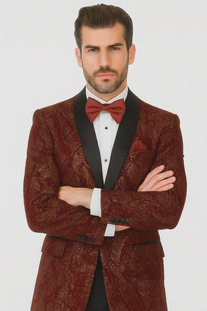 Mens 2 Button Paisley Glitter Tuxedo in Burgundy