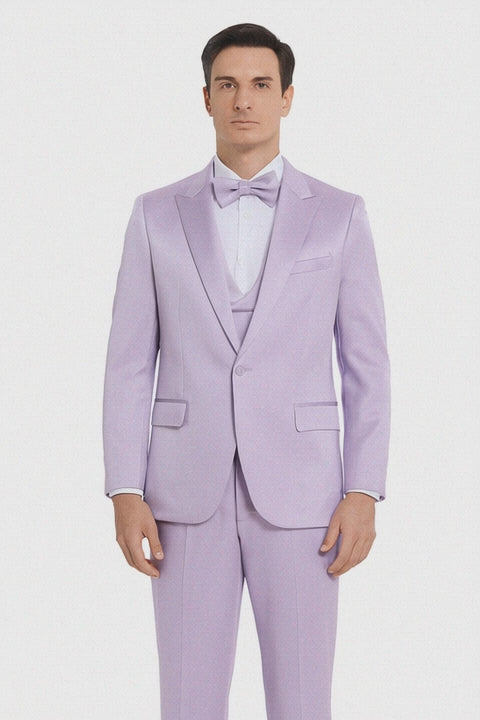 Tazzio Men's Lavender Satin Double Breasted 3-Piece Skinny Fit Suit with Peak Lapel Vest & Matching Bowtie – Stylish Formalwear Set