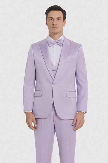 Tazzio Men's Lavender Satin Double Breasted 3-Piece Skinny Fit Suit with Peak Lapel Vest & Matching Bowtie – Stylish Formalwear Set
