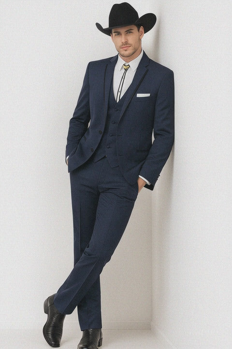 2 Button Vested Satin Trim Lapel Cowboy Tuxedo in Navy