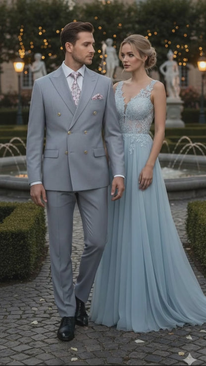 Mens Silver Grey Double-Breasted 3-Piece Suit – Classic Tailored Fit with Peak Lapel and Gold Buttons for Weddings, Church and Formal Events