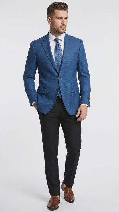 Men’s Blue Houndstooth Blazer Jacket, Check Pattern Formal Sport Coat for Weddings, Prom, Parties, and Special Occasions