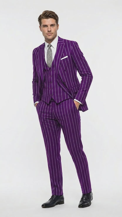 Men’s Purple Pinstripe 1920s Gangster Suit with Jacket, Vest and Pants, Vintage Formal Dress Suit