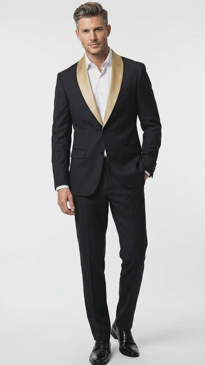 Men’s Black Suit with Gold Lapel – Luxury Formal Tuxedo Style Suit for Wedding, Prom, Party and Evening Wear