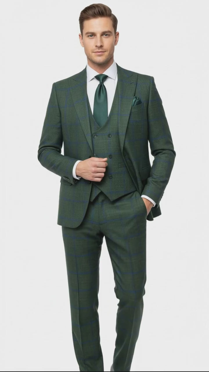 Men’s Green Plaid 3-Piece Suit – Classic Check Slim Fit Suit for Weddings, Church, and Formal By Rossiman