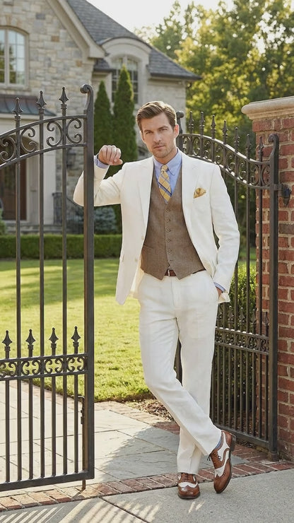 Men’s Ivory Great Gatsby Vested Suit with Brown Vest, Peak Lapel Vintage Wedding Suit