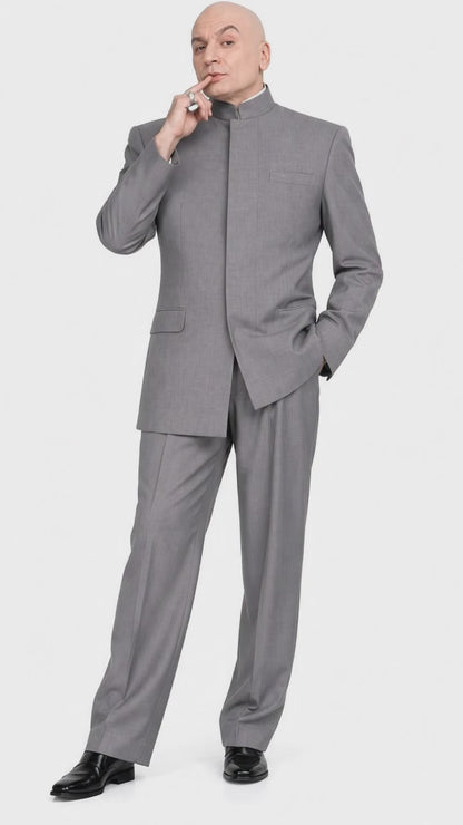 Men's Light Gray Austin Powers Dr. Evil Inspired Suit – Mandarin Collar 2 Piece Costume Suit for Halloween, Cosplay & Themed Parties