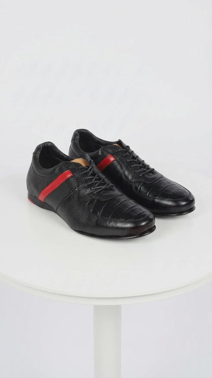 Lombardy Men’s Caiman Belly & Calfskin Sneakers – Black & Brown Exotic Leather Lace-Up Shoes