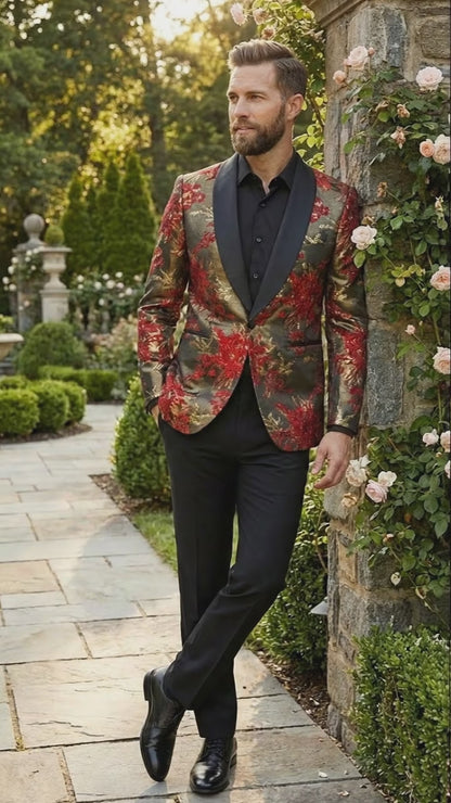 Men’s Red and Gold Floral Pattern Paisley  Shawl Lapel | Luxury Evening and Party Wear Jacket Prom Christmas New Year Blazer