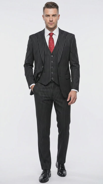 Men’s Black Bold Pinstripe 1920s Suit, Vintage 3 Piece Gangster Suit, Big and Tall Prom Outfit