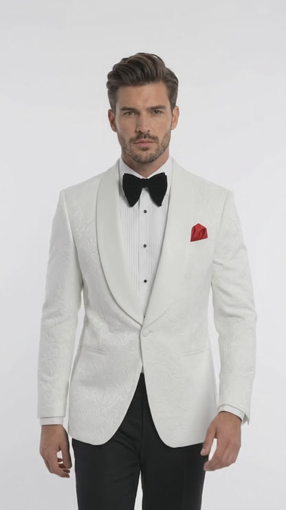 Men’s White Floral Tuxedo Jacket – Shawl Lapel Wedding & Prom Dinner Jacket