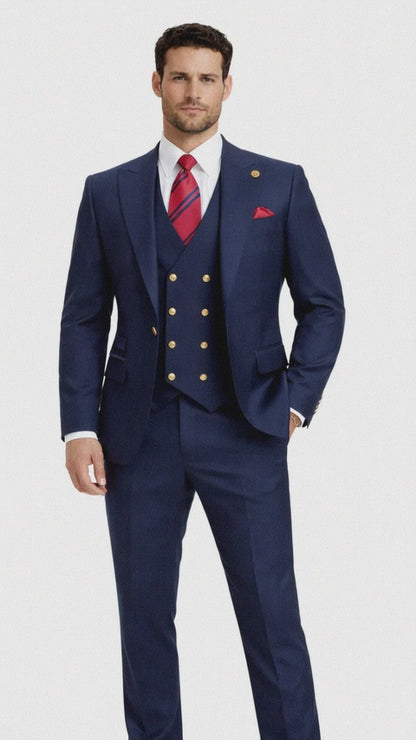 Rossiman Navy Blue Suit for Men – Classic 1-Button Peak Lapel Jacket & Double-Breasted Vest