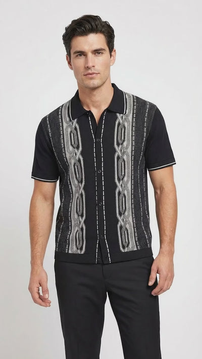 Mens Black and Gray Pattern Walking Suit Set – Short Sleeve Knit Shirt and Pants Casual Outfit for Summer, Travel and Everyday Wear