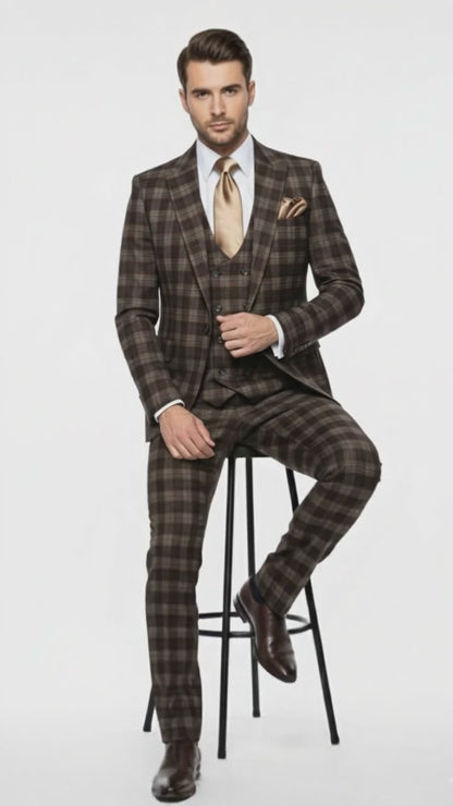 Men’s Brown Plaid Windowpane Three-Piece Suit Set – Classic Slim Fit Jacket, Double-Breasted Vest and Modern Fit Pants  By Rossiman