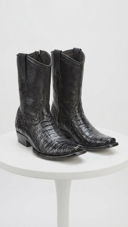 Men’s Black Caiman Skin Cowboy Boots with Western Shaft, Exotic Dress Boots
