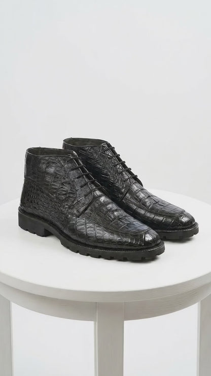 Men’s Los Altos Black Genuine Caiman Crocodile Hornback Ankle Boots, Exotic Lace Up Western Boots