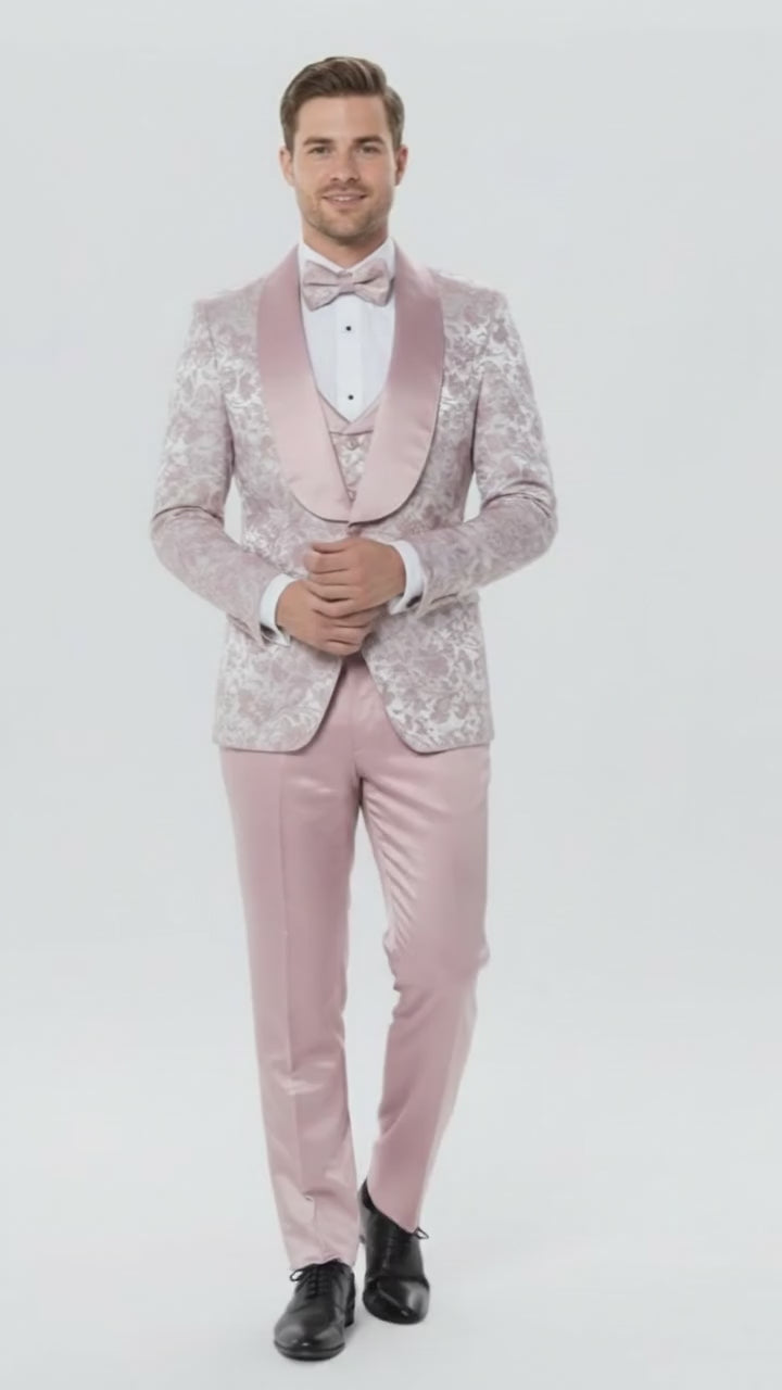 Men’s Light Pink Dusty Rose -  Floral Tuxedo Suit – Luxury Satin Shawl Lapel 3-Piece Formal Wedding and Prom Suit in Blush Mauve color