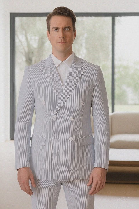 Mens Blue Pinstripe Summer Seersucker Double Breasted Suit