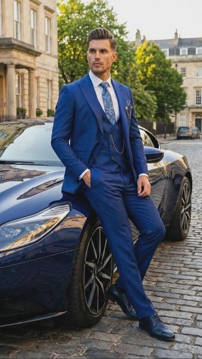 Men’s Royal Blue 3 Piece Suit Set with Vest – Formal Wedding and Party Wear Suit - Saphire Cobalt blue