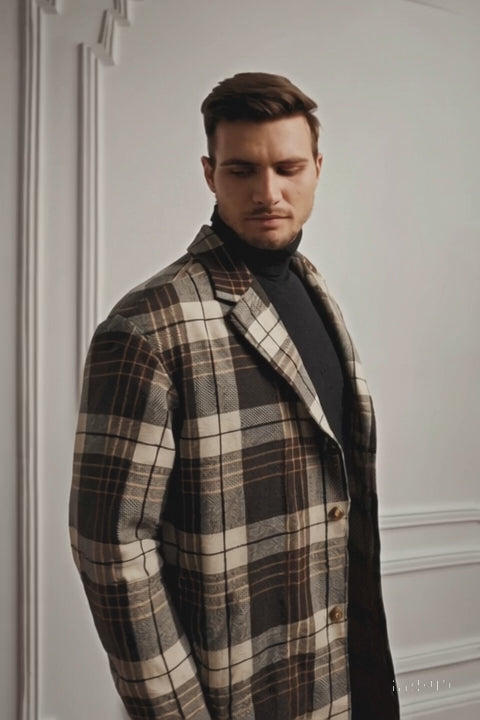 Plaid Wool Overcoat – Brown & Camel Mixed Color Topcoat