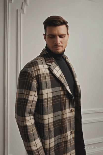 Plaid Wool Overcoat – Brown & Camel Mixed Color Topcoat