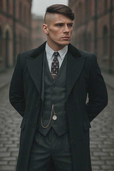 Mens Peaky Blinders Costume Thomas Shelby 3PC Suit & Black Overcoat