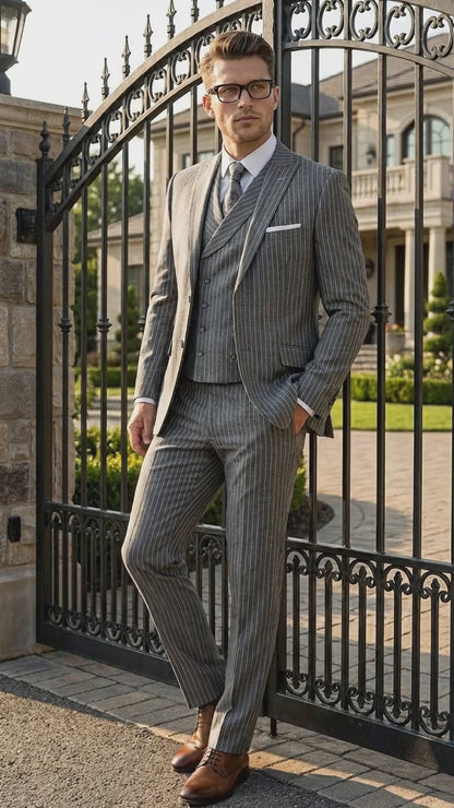 Men’s Grey Pinstripe Double Breasted Vest Suit 2 Button Gangster Style Formal Suit