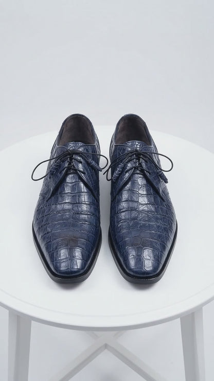 Men’s Los Altos Navy Blue Crocodile Italian Toe Shoes, Exotic Lace-Up Dress Shoes