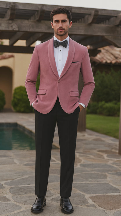 Mens Pink Velvet Tuxedo Dinner Jacket with Shawl Lapel – Slim Fit Blazer for Weddings, Prom in Rose Gold Color
