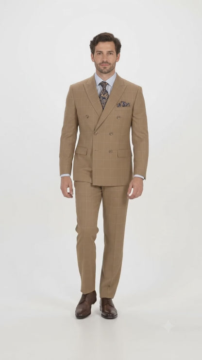 1920's Mens Vested Bold Gangster Vintage Plaid Suit With White Vest in Camel